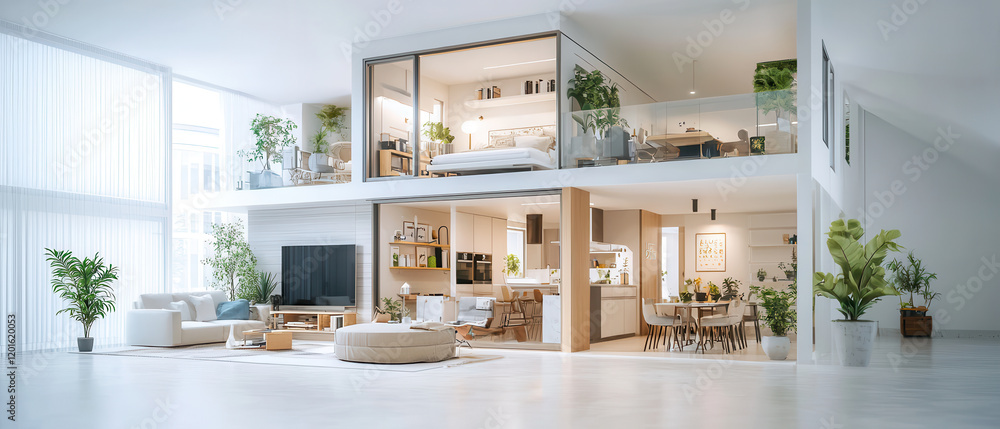 Aufkleber modern multi level home interior with open spaces and greenery