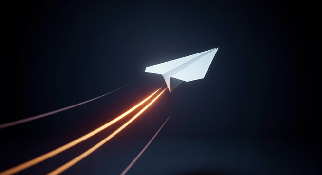 White paper plane flying fast with light trails on a dark background, concept of business and success