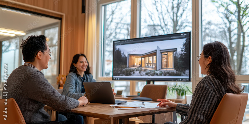 Poster collaborative design meeting showcasing modular housing project on screen