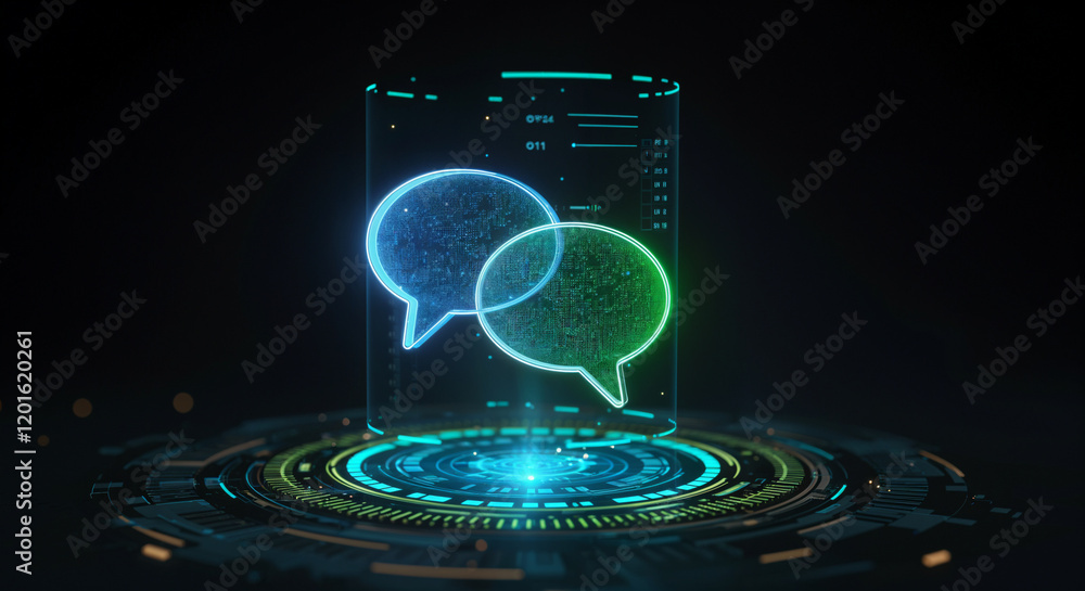 Poster two holographic speech bubbles representing communication and data exchange in a futuristic technolo