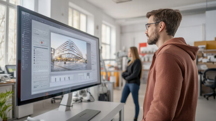 Fototapeta premium Futuristic building design being reviewed by man in office setting