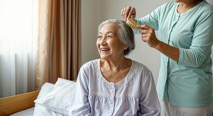 Nurse combing hair of smiling senior woman, providing care and support in hospital room