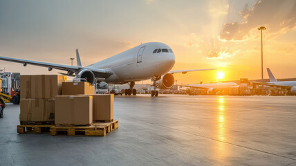Futuristic cargo management system at airport during sunset