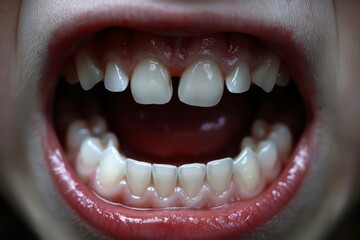 Detailed view of child s dental development  transition from baby teeth to permanent teeth