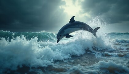 Naklejka premium Dolphin Leaping Ocean Waves Dramatic Nature Photography