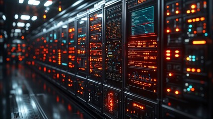 Futuristic Data Center with Illuminated Server Racks