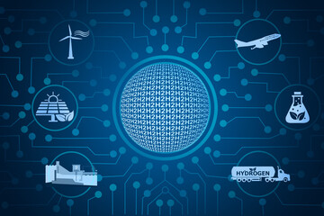 Hydrogen text on circle and icons on blue background.