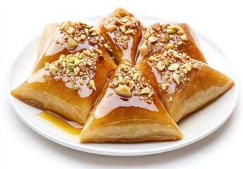 Delicious pastry dessert topped with crushed nuts and syrup served on a white plate