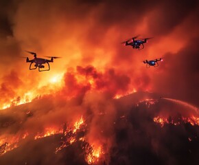 Drones monitor raging wildfires over mountainous terrain during a summer evening blaze