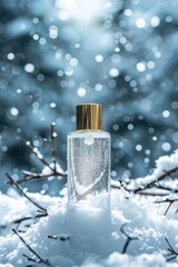 Winter-Themed Perfume Bottle in Snow with Bokeh Background
