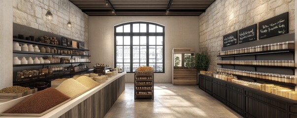Fototapeta premium Sunlit bulk food store, stone walls, grains
