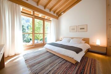 Rustic cozy bedroom design emphasizing wooden furniture, soft rugs, and a welcoming atmosphere
