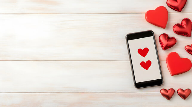 Flat lay of a smartphone and red hearts on a soft wooden surface with copy space, great for romantic messaging, valentine's advertisements, or social media content creation. Selective focus - Powered by Adobe