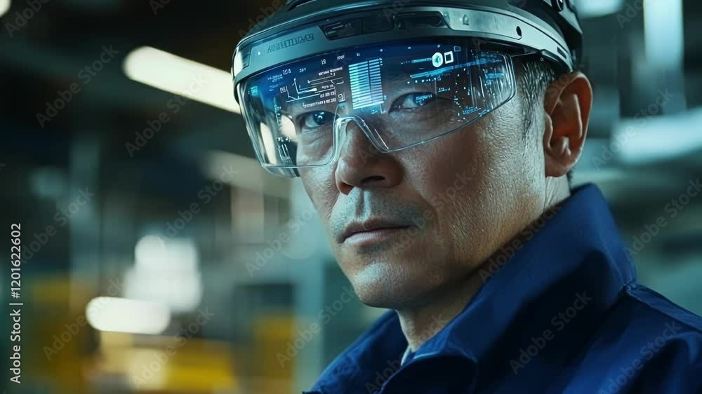 Poster detailed view of a production worker using augmented reality glasses that overlay critical data from