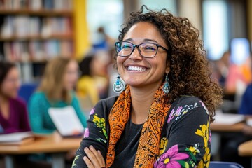 Engaged student looking inspired while educator shares motivational advice, bright library backdrop