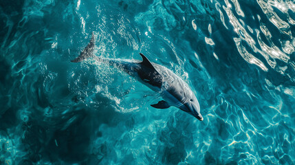 Obraz premium A dolphin swims in bright turquoise water. The photograph is an upload to a stock photo site and the chosen image on the page