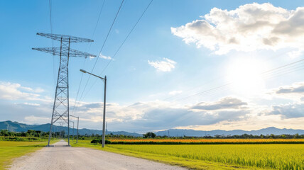 scenic view of power lines along dirt road with fields and mountains