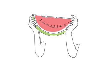 Holding watermelon line art drawing. Watermelon fruit linear icon vector.	