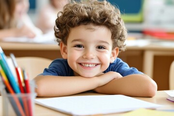 Motivated student smiling at feedback from educator on a writing assignment, neutral desk setting