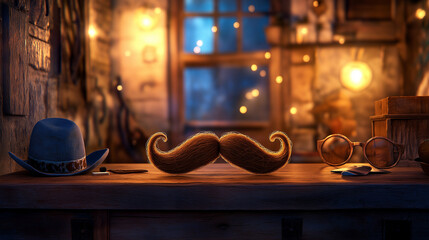Wooden mustache prop on desk with warm rustic decor