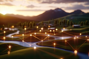 Conceptual image of big data flowing through a digital landscape, with nodes and connections symbolizing predictive modeling in a tech-focused environment