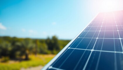 Fototapeta premium Solar panels on a roof and a solar power plant with a sunny blue sky representing clean renewable energy