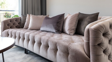 A cozy living room featuring decorative pendant lights hanging from the ceiling, a large geometric area rug, a plush sectional sofa, and a marble coffee table