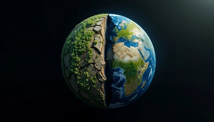 The 3D spinning blue globe map of the Earth in space, showing continents like Europe, Asia, and America with green landmasses, blue oceans, and black night, represents our global geography and busines