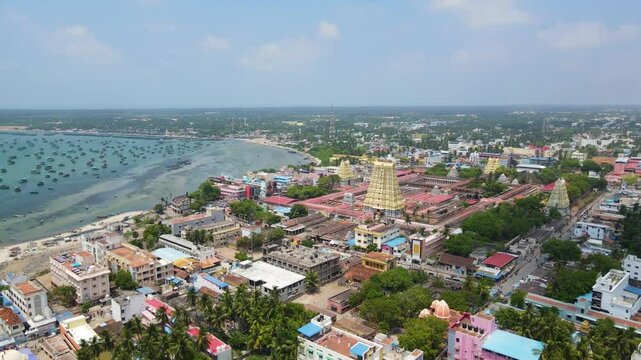 Stunning aerial drone shot of Rameshwaram city with a bird&rsquo;s-eye view of the magnificent temple.