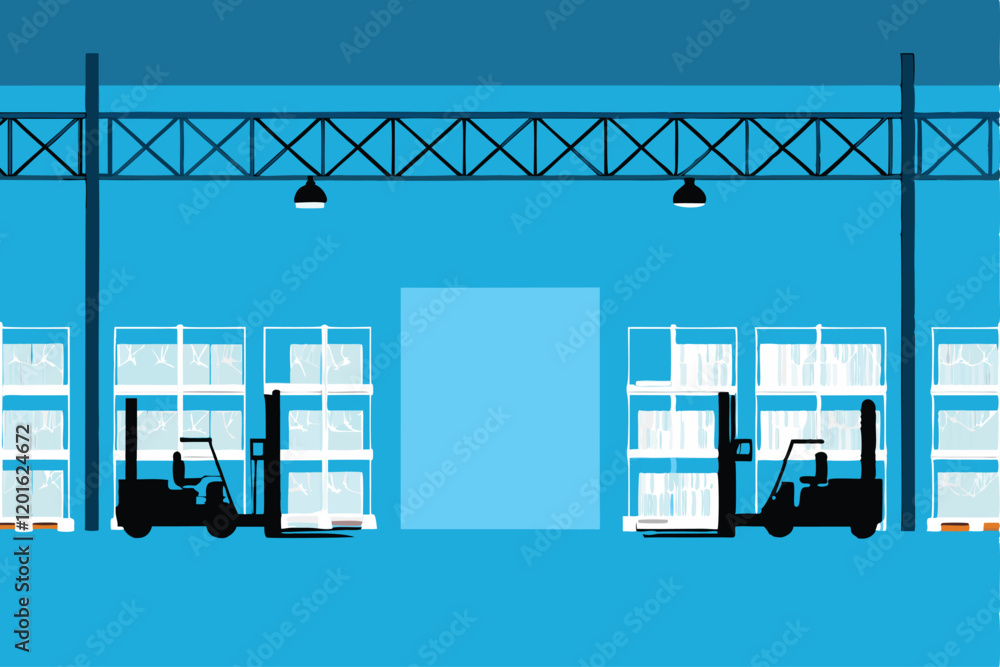 Poster a simple, clean vector illustration of a warehouse interior with neatly stacked crates. focus on min