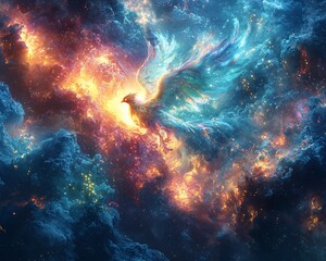 Fiery phoenix rising from cosmic clouds.