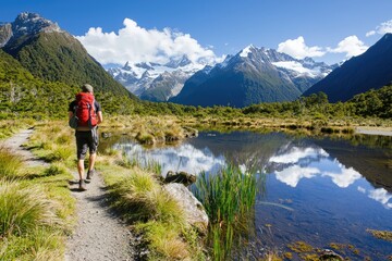 A backpacker exploring a winding trail near a tranquil lake, reflecting the surrounding mountains