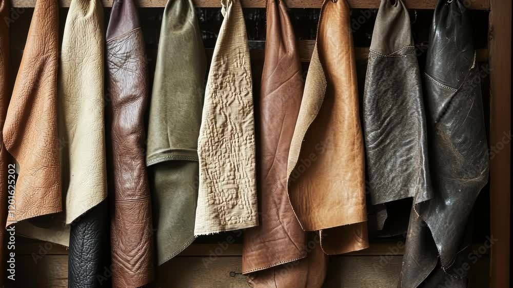 Poster an array of handcrafted leather goods drying on a rack featuring unique stitching and textures while