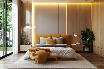 Modern cozy bedroom featuring sleek lines, calming color scheme, and cozy reading nook
