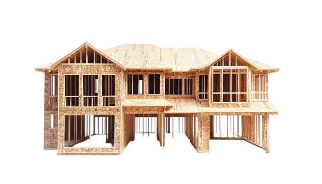 New Home Construction Wooden Frame Modern Design House Building Project plan roof model draft beams 