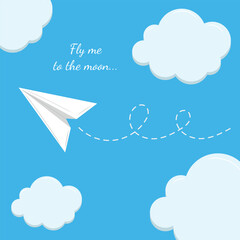 Origami paper plane in the blue sky with clouds. Hand drawn vector illustration in flat style. Concept of delivery, travel, vacation, tourism. Fly me to the moon, greeting card design