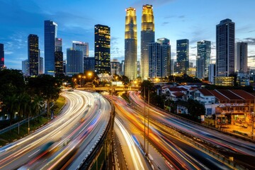 Obraz premium Urban landscape at twilight, showcasing a skyline with iconic buildings and busy streets below
