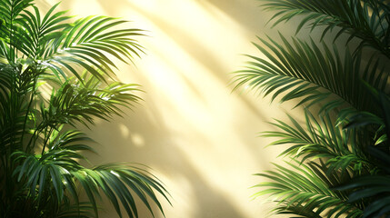 Green palm leaves and soft pink background with calming sunlight glow