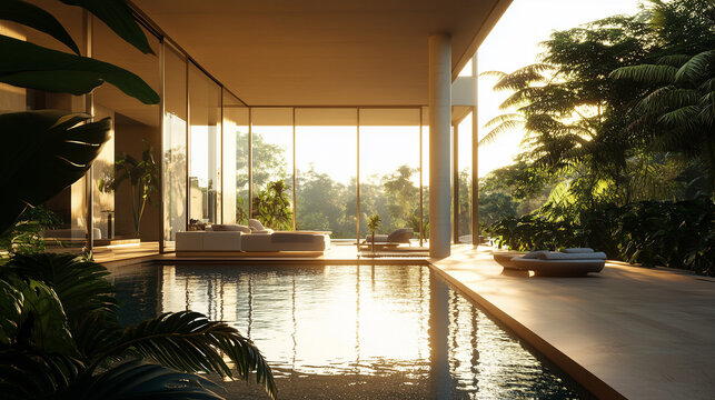 A modern house with large windows overlooks a pool at sunset, surrounded by tropical foliage, with the image selected in the Adobe Stock uploader