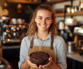 Smiling barista presents bowl of coffee beans in cozy cafe setting during morning hours