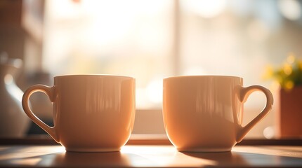 Fototapeta premium Two white coffee cups sit on a wooden table, reflecting sunlight in a cozy kitchen. The warm atmosphere invites relaxation and enjoyment during a quiet morning