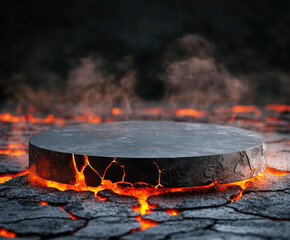 Volcanic landscape with glowing lava surrounding a dark stone platform at twilight