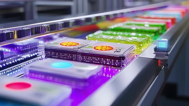 A detailed shot of an automated conveyor belt with embedded RFID tags that communicate product details to a nearby IoT reader facilitating inventory management.
