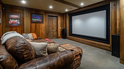 Rustic Home Theater Room with Leather Seating and Projector Screen