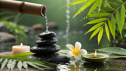 Zen garden, bamboo water fountain, stacked black spa stones, plumeria flower, candlelight, tropical green leaves, tranquil pond reflection, flowing