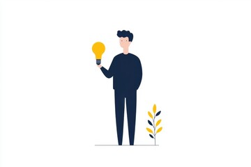 A person holding a light bulb, symbolizing ideas and innovation, stands beside a small plant in a minimalist illustration.