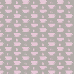 seamless pattern with pink cup of coffee on creamy beige background,cute cup of latte