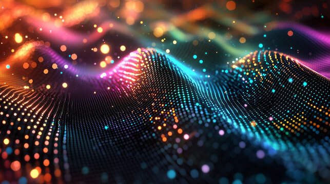 A highly detailed rendering of quantum fields, visualized as rippling grids of energy waves in vibrant colors, surrounded by abstract mathematical symbols, illustrating quantum physics concepts.