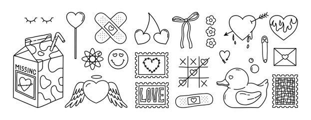 Coquette Valentine's day Y2k elements. Milk, cherry, bow, rubber duck, love, heart, patch, stamp, lollipop, flowers, tic-tac-toe. Hand drawn vector pink big set