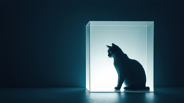 Minimalist depiction of Schr&ouml;dinger's cat thought experiment, featuring a transparent box with a glowing cat silhouette, half in shadow and half illuminated, symbolizing quantum uncertainty